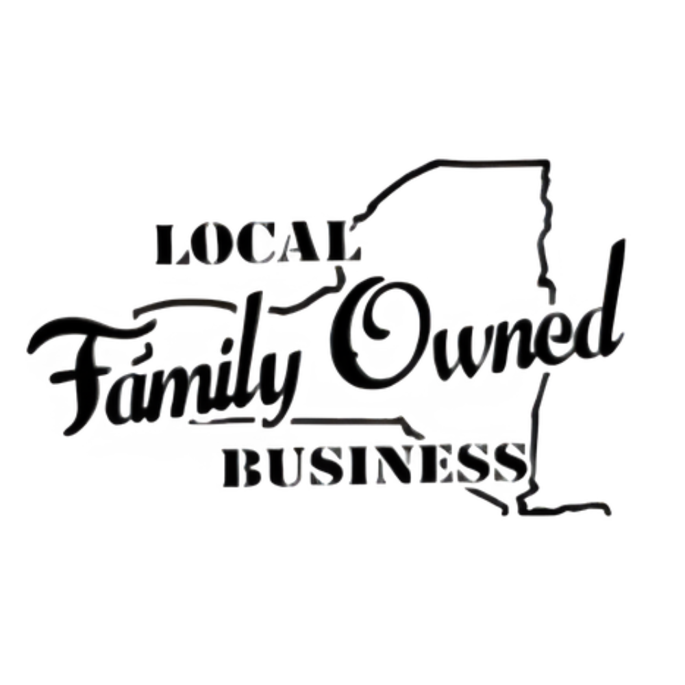 Black and white graphic of New York State outline with the words “Local Family Owned Business,” representing A-Verdi Self Storage’s proud local ownership and community roots